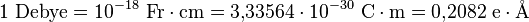 1\ \rm{Debye} = 10^{-18}\ \rm{Fr \cdot cm}= 3{,}33564 \cdot 10^{-30}\ \rm{C \cdot m} = 0{,}2082\ \rm{ e \cdot \mathrm{\AA}  }